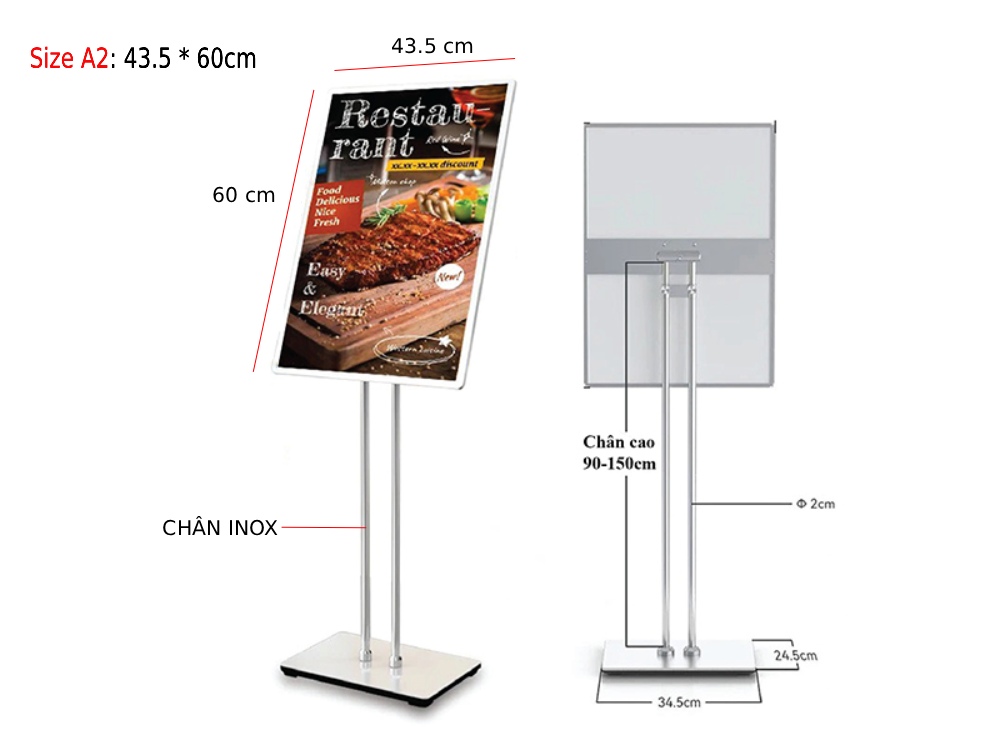 hộp đèn tranh điện tranh rút A2 43.5 x 60cm gắn chân đế inox cho các cửa hàng hiện đại